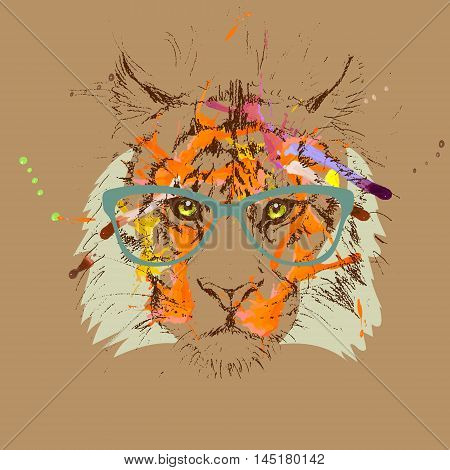 vector tiger hipster glasses drawing illustration  clothes, predator, trendy,