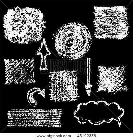 Vector chalky set of some figures and samples isolated on black. Design element coal imitation for different sources image for sites and blogs.