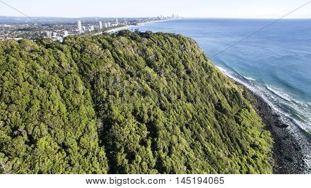 Aerial view close up of Burleigh Headland National Park. Gold Coast, Australia
