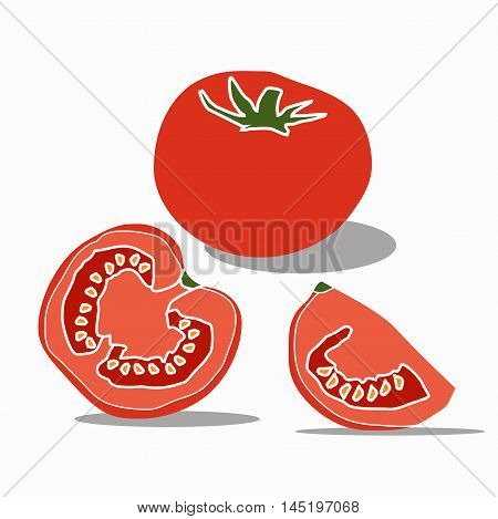 Vector illustration logo for red tomato.Isolated in the drawing,consists of a piece of fruit, a piece, a vitamin, a quarter, half,on a white background.Icon for bars,cafe,market,restaurants,athletes.