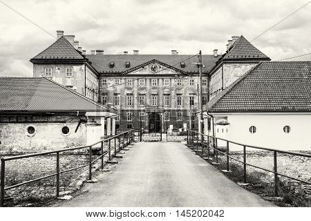 Beautiful castle in Holic Slovak republic. Cultural heritage. Architectural theme. Black and white photo. Historical object.
