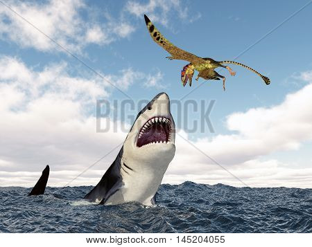 Computer generated 3D illustration with a shark attacking the pterosaur Peteinosaurus