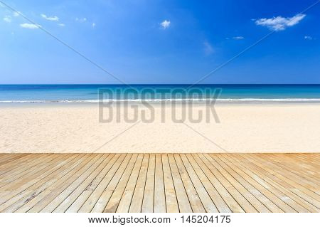 Empty Top Of Wooden Decking And View Of Tropical Beach