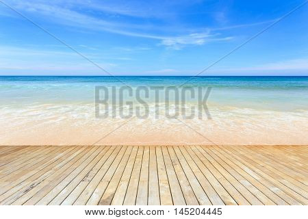 Empty Top Of Wooden Decking And View Of Tropical Beach