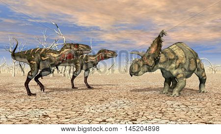 Computer generated 3D illustration with the dinosaurs Nanotyrannus and Albertaceratops