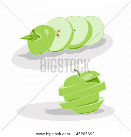 Vector illustration of logo for Apple.Insulated drawing is cut into slices of green apple leaf fruit juice fresh white background.Icon for bar cafe market restaurants health vitamins