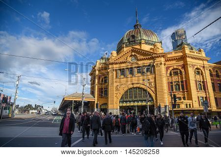 MELBOURNE AUSTRALIA - JULY 18 2016 : Flinders Street Station a beautiful historic building in Colonial victorian style iconic and landmark of Melbourne city.