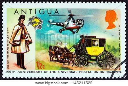 ANTIGUA - CIRCA 1974: A stamp printed in Antigua issued for the Centenary of U.P.U. shows English Postman, Mailcoach and Westland Dragonfly Helicopter, circa 1974.
