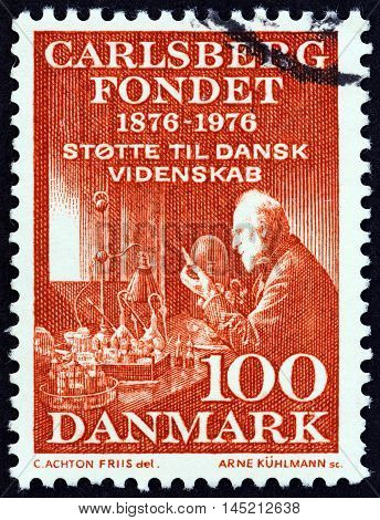DENMARK - CIRCA 1976: A stamp printed in Denmark issued for the 100th Anniversary of the Carlsberg Foundation shows Professor Emil Hansen, circa 1976.