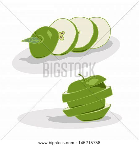 Vector illustration of logo for Apple.Insulated drawing is cut into slices of green apple leaf fruit juice fresh white background.Icon for bar cafe market restaurants health vitamins