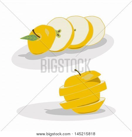 Vector illustration of logo for Apple.Insulated drawing is cut into slices of green apple leaf fruit juice fresh white background.Icon for bar cafe market restaurants health vitamins