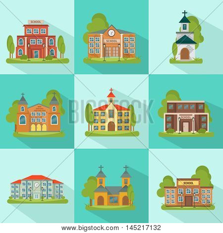 Building colored and isolated icon set with school church municipal buildings in squares vector illustration