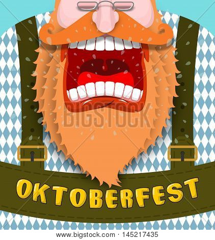 Shout Poster For Oktoberfest. Angry And Aggressive Man Shouts. Red Beard And Mustache. Bavarian Trad