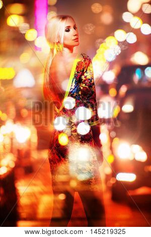 Double exposure fashion photo of blonde woman in night car traffic.