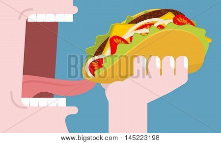 Man Eating Taco. Consumption Of Fastfood. Traditional Mexican Food Is National. Harmful Breakfast. O