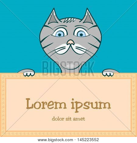 Vector cat above banner looking at you. Hand drawn illustration