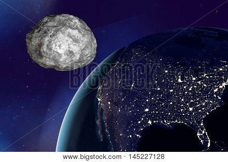 Asteroid approaching to the Earth on background with stars and galaxies, elements of this image furnished by NASA. Space background. Fantastic background. 3D illustration
