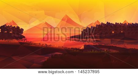Low poly triangle geometrical background with mountain range over sunset. Vector illustration.