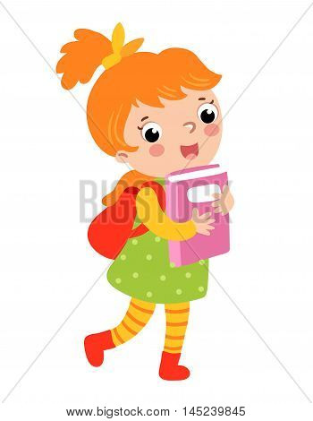 Cute girl go to school. Vector illustration of a girl on a white background. A schoolgirl walks to school.
