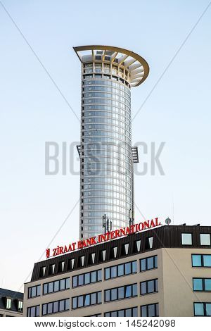 FRANKFURT GERMANY- AUG 31 2016: skyscraper westend tower in morning light in Frankfurt. The tower is 208 meters high and the top symbolizes a crown.