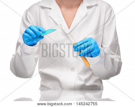 Female Holding Test Tubes With Yellow Sorbent And Blue Liquid