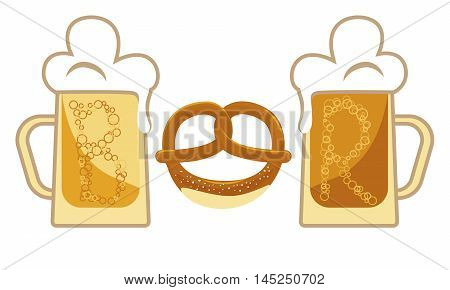 Full beer mugs and pretzels and the word Beer