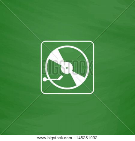 Vinyl record player. Flat Icon. Imitation draw with white chalk on green chalkboard. Flat Pictogram and School board background. Vector illustration symbol