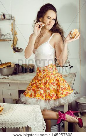 crazy real woman housewife on kitchen, eating perfoming, bizare girl celebrating womans day