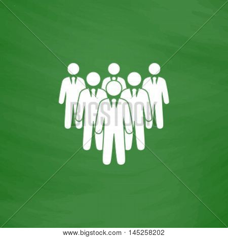 Leader standing in front of corporate crowd. Flat Icon. Imitation draw with white chalk on green chalkboard. Flat Pictogram and School board background. Vector illustration symbol
