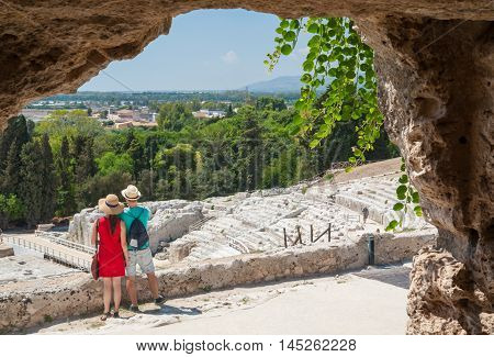 Section of the famous greek theater of Syracuse Sicily seen from one of the tomb in the upper terrace