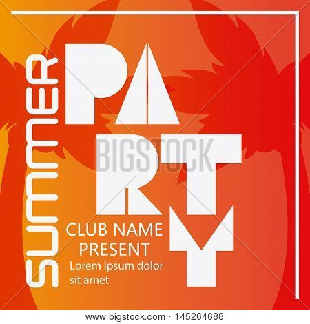 party summer palm tree tipography celebration card advertising icon. Colorful design orange yellow red colors. Vector illustration