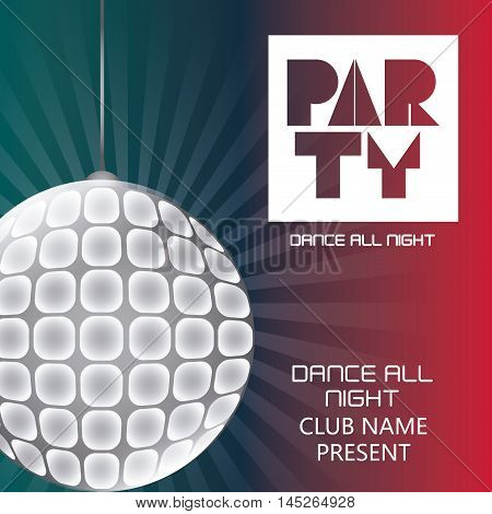 disco sphere shiny party tipography celebration night card advertising icon. Colorful design. Vector illustration