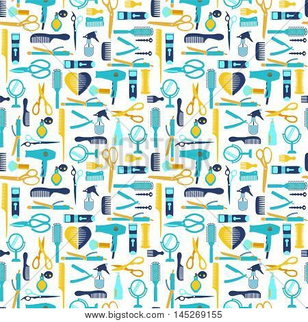 Flat vector pattern Hairdressing and barber shop related symbol. Seamless background Collection silhouette of Haircutting tool and barbershop objects for Beauty salon barbershop .