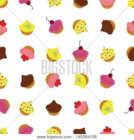 Cute seamless background pattern. Festive party cupcakes with different toppings and decorative elements. Vector illustration eps 10