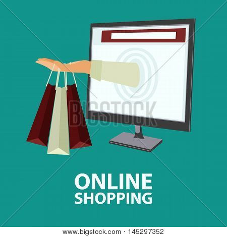 Hand delivers shopping bags with the purchased goods out from monitor. E-commerce online shopping buying internet concept in flat style. Vector illustration easy to edit