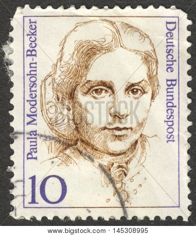 MOSCOW RUSSIA - CIRCA AUGUST 2016: a stamp printed in GERMANY shows a portrait of Paula Modersohn-Becker the series 