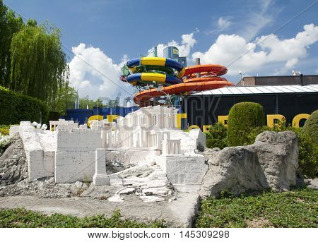 BRUSSELS BELGIUM - 13 MAY 2016: Miniatures at the park Mini-Europe - reproductions of monuments in the European Union at a scale of 1:25. Athens Greece.