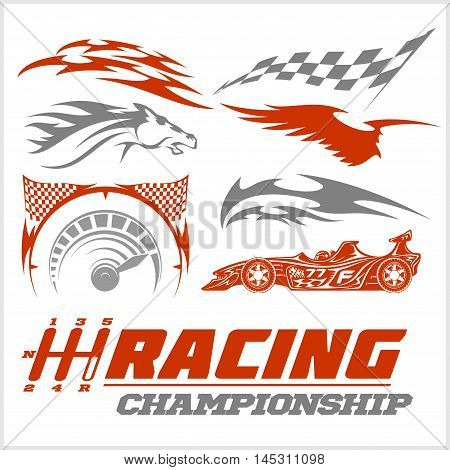 Set of racing stickers on white background. Monochrome vector illustrations.
