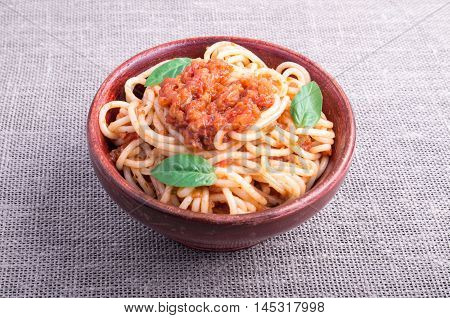 Small Portion Of Cooked Spaghetti With Tomato Relish Closeup