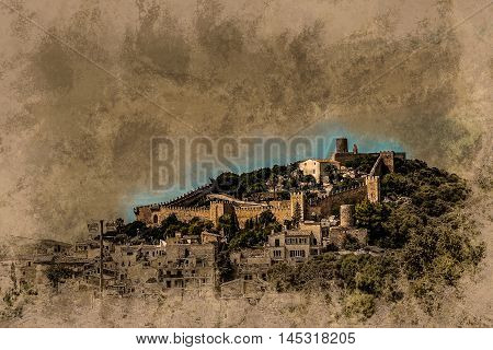 Capdepera castle on green hill in Mallorca island, Spain. Vintage painting, background illustration, beautiful picture, travel texture