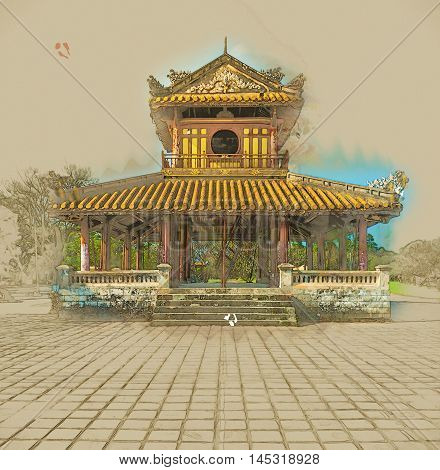 The temple in the Imperial Palace citadel at Hue in Vietnam. Hue, a UNESCO World Heritage site. Vintage painting, background illustration, beautiful picture, travel texture