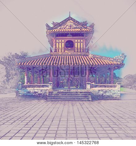 The temple in the Imperial Palace citadel at Hue in Vietnam. Hue, a UNESCO World Heritage site. Vintage painting, background illustration, beautiful picture, travel texture