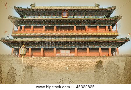 Beijing, China at the Zhengyangmen Gatehouse in Tiananmen Square. Beautiful historical building at sunset. Vintage painting, background illustration, beautiful picture, travel texture