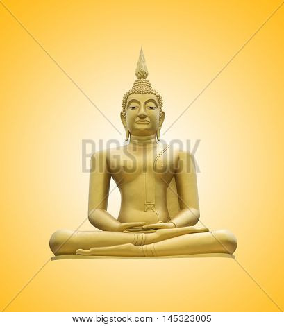 gold image of Buddha on radial yellow and white gradient background