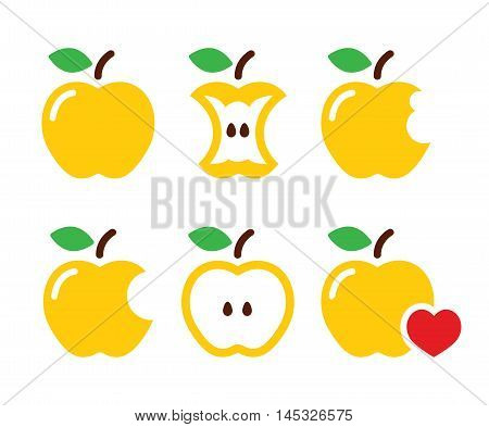 Yellow apple, apple core, bitten, half vector icons
