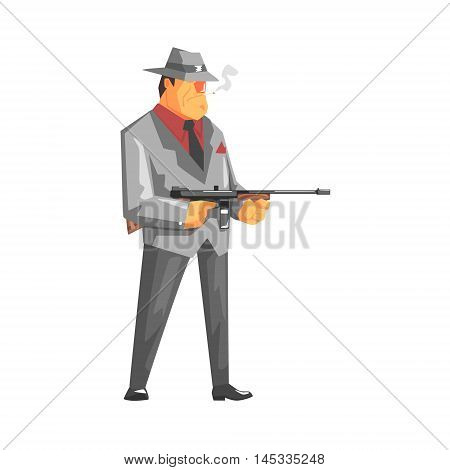 Vintage Style Mafioso With Machine Gun Old School Chicago Mafia Themed Illustration. Cool Colorful Vector Sticker In Stylized Geometric Cartoon Design