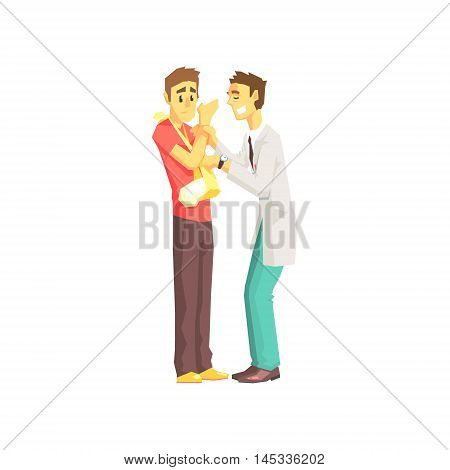 Doctor And Patient With Broken Arm Hospital And Healthcare Themed Illustration. Cool Colorful Vector Sticker In Stylized Geometric Cartoon Design
