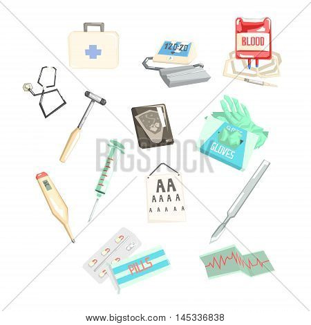 Set Of Different Medical Examination And Tratment Items Hospital And Healthcare Themed Illustration. Cool Colorful Vector Sticker In Stylized Geometric Cartoon Design