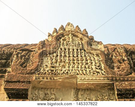 The detail of stone carvings in the Angkor Wat, Cambodia.