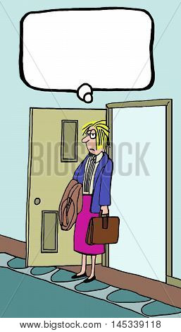 INSERT YOUR OWN TEXT.  Illustration of tired businesswoman arriving at home after a very long day.